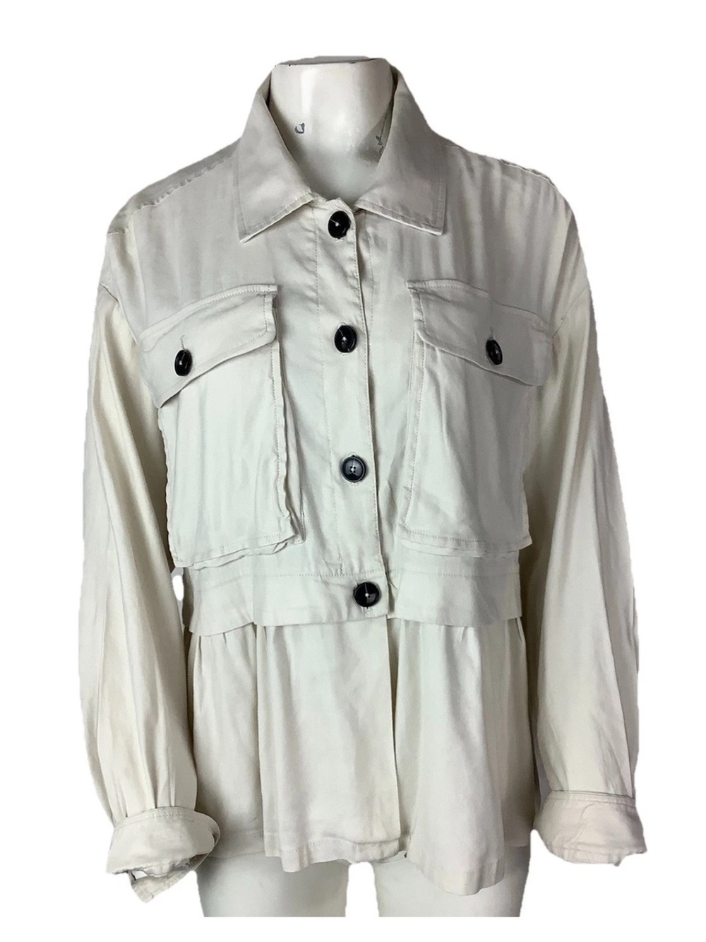 Anthropologie Sz L Peplum Hem Utility  Shirt Jacket Flounced Buttoned White